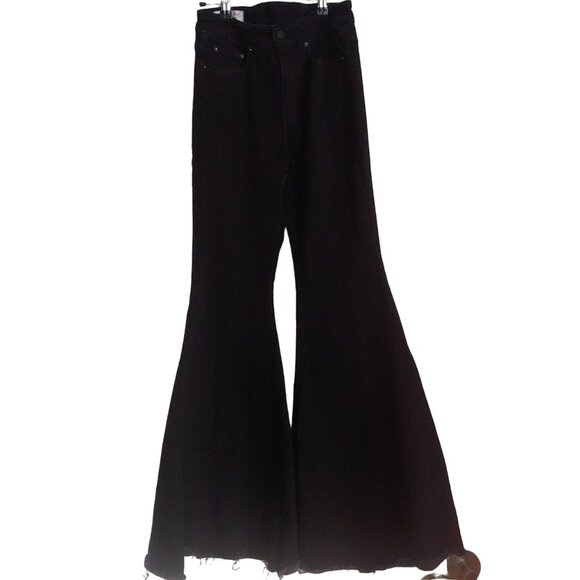 Free People Denim - Free People Black Extra Wide Bell Bottoms Lace Up Back Y2K Raw Hem CRVY 27